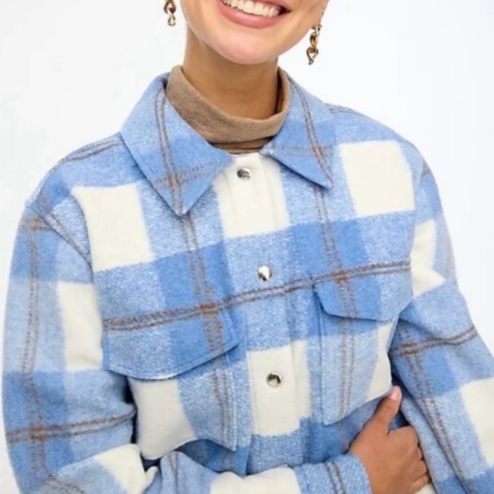 J Crew Longline Shirt Jacket Blue Plaid XXS